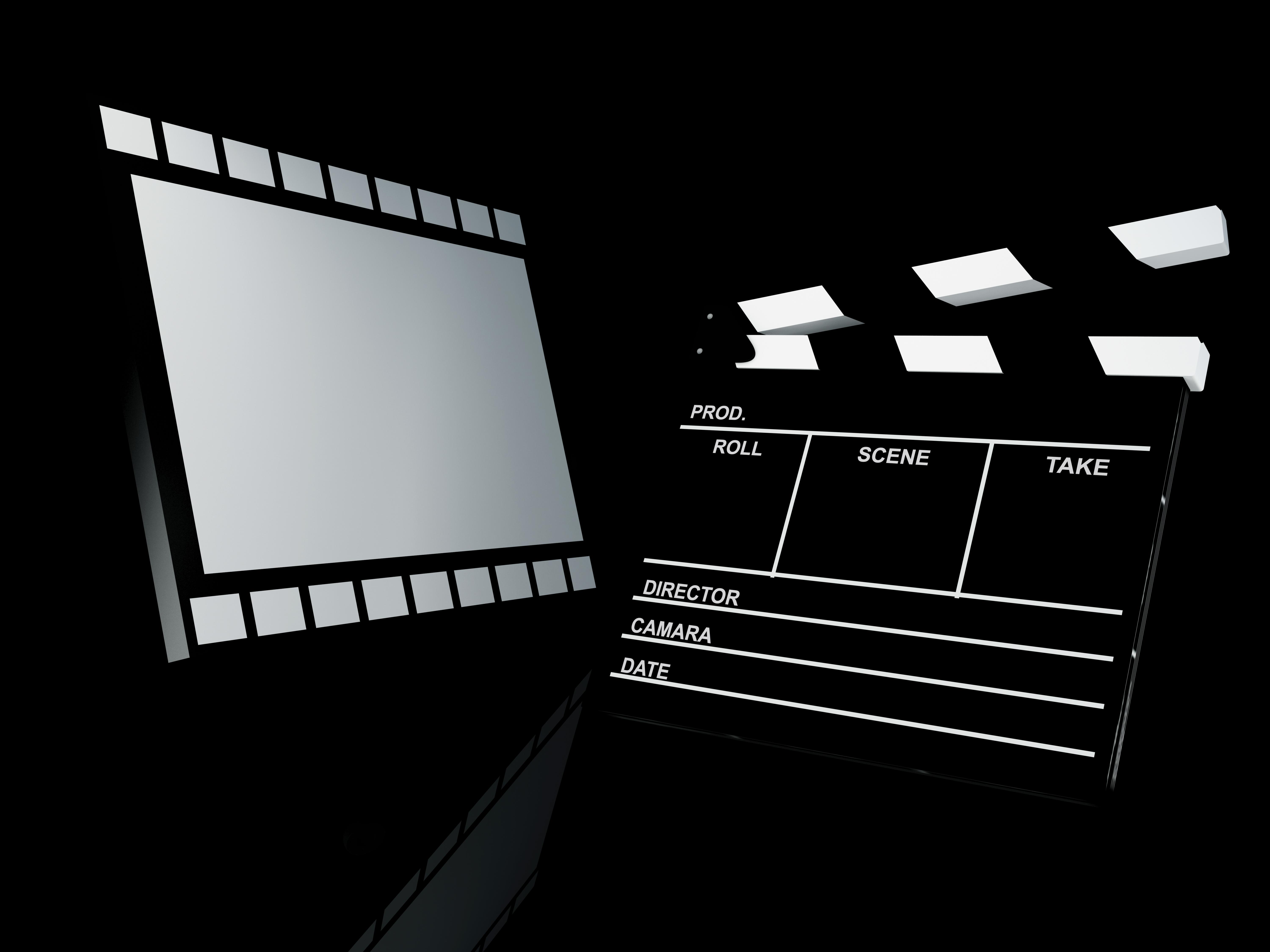 Clapper board and film, 3d illustration. Cinema concept.