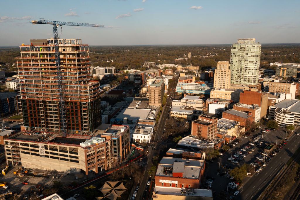 Durham, NC - March 29th, 2024: Ariel view of downtown Durham,